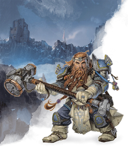 an image of a heavily armoured dwarf cleric weilding a maul