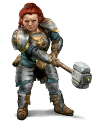 an image of a dwarf woman weilding a large hammer and wearing plate armour
