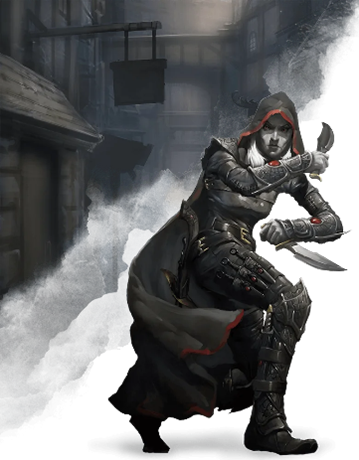 an image of a light armoured dark elf dressed in black and weilding dual daggers
