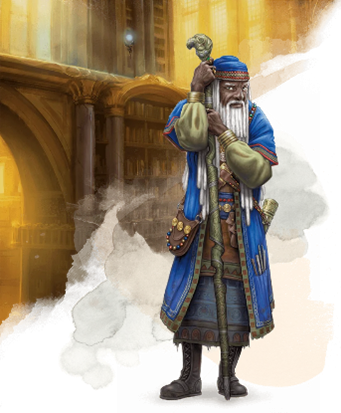 an image of a old man with white hair, a staff and blue robes